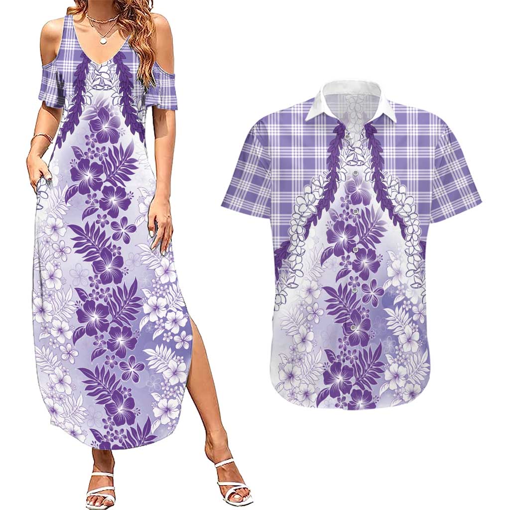 Aloha Hawaii Palaka Couples Matching Summer Maxi Dress and Hawaiian Shirt Purple Plumeria Lei LT05 Purple - Polynesian Pride