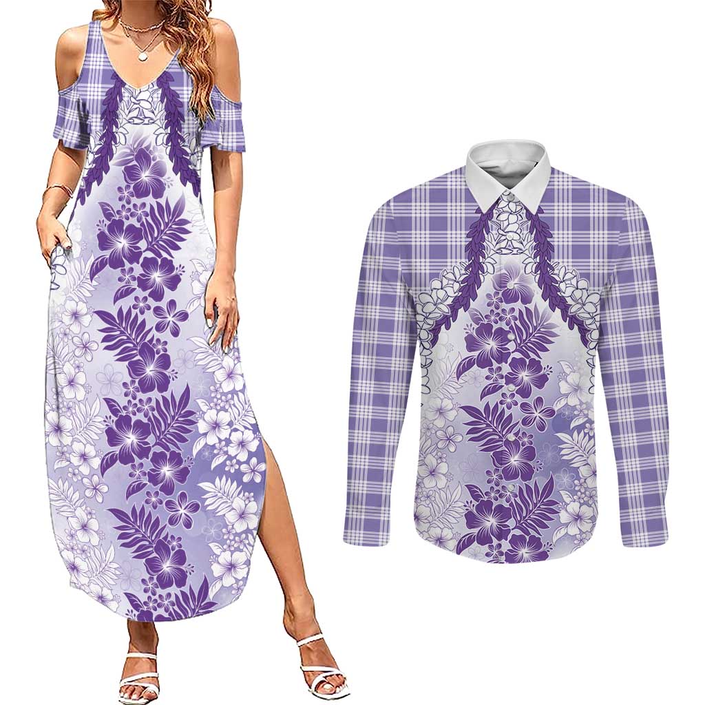 Aloha Hawaii Palaka Couples Matching Summer Maxi Dress and Long Sleeve Button Shirt Purple Plumeria Lei LT05 Purple - Polynesian Pride