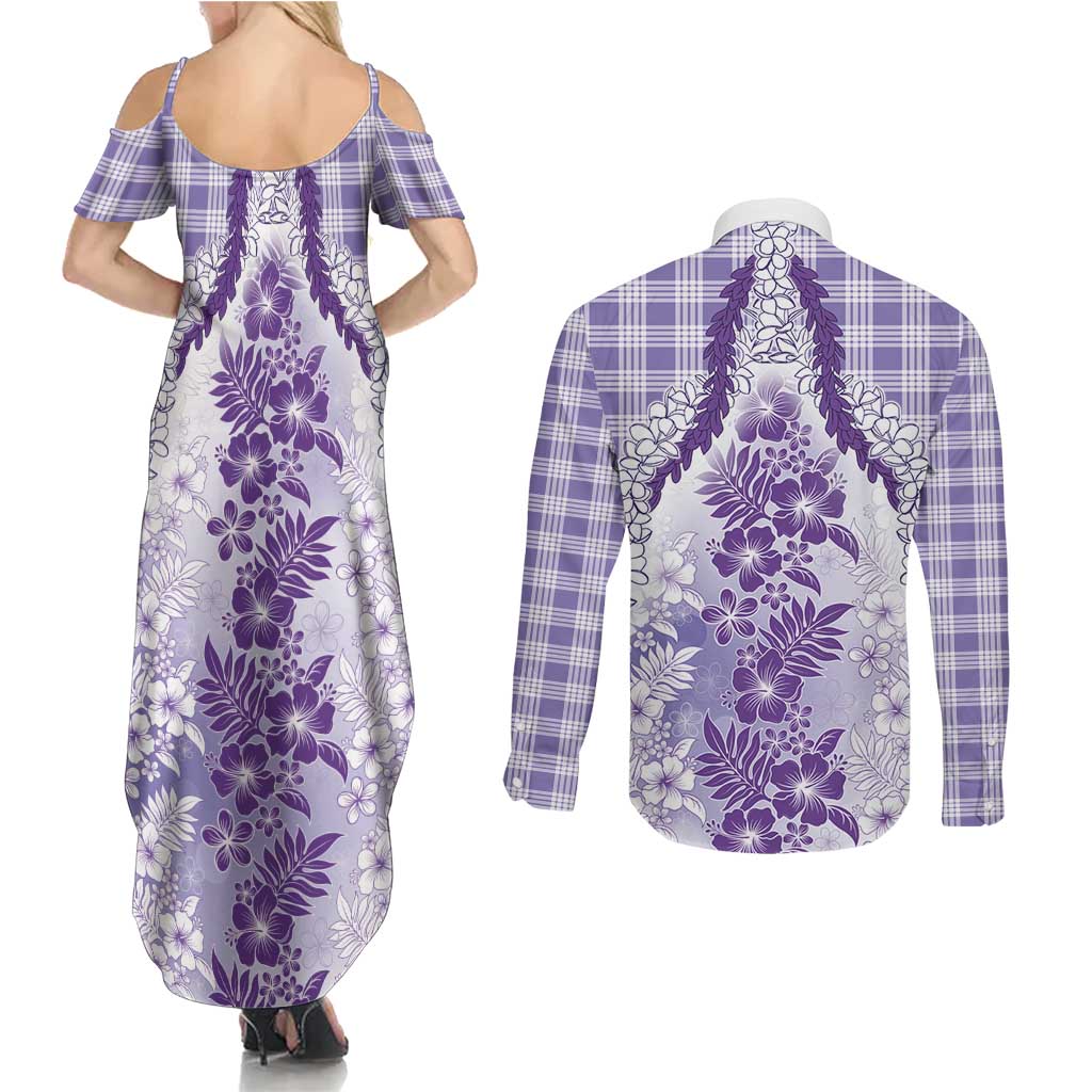 Aloha Hawaii Palaka Couples Matching Summer Maxi Dress and Long Sleeve Button Shirt Purple Plumeria Lei LT05 - Polynesian Pride