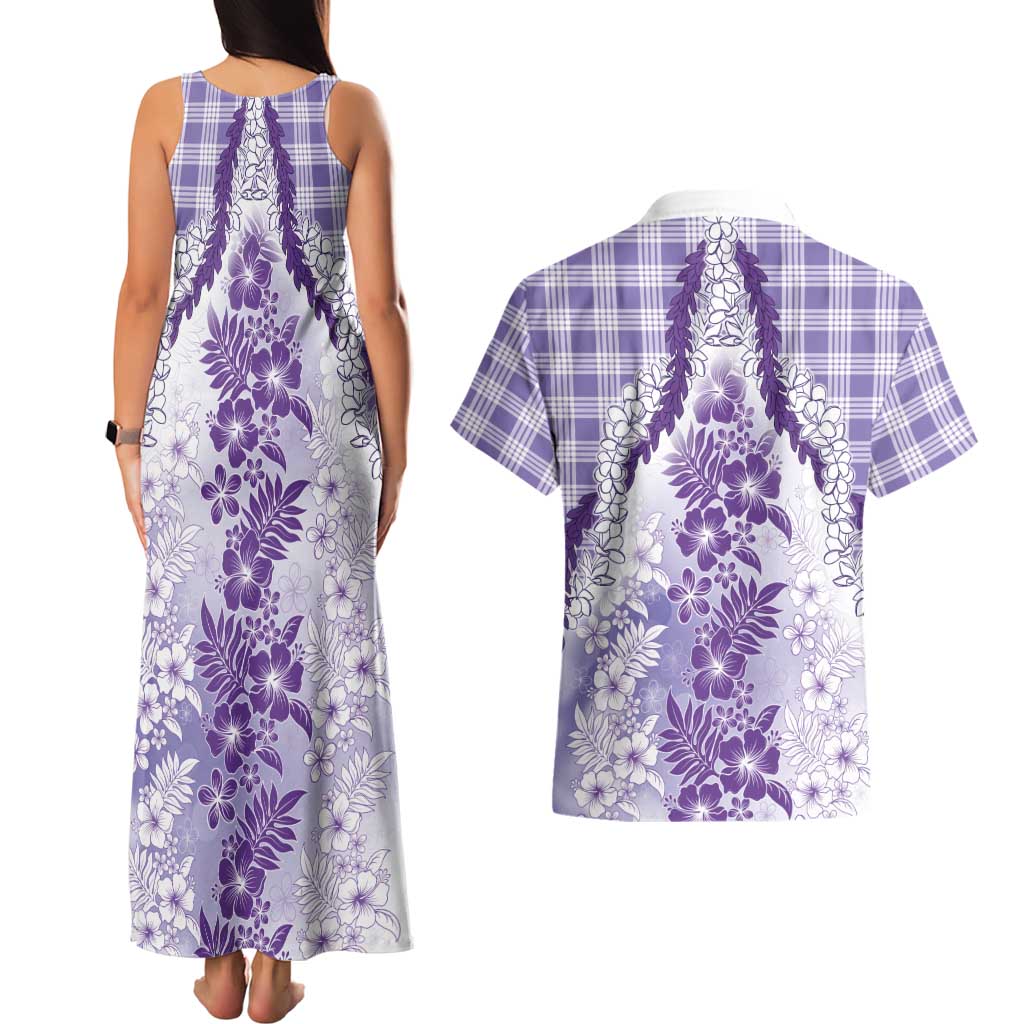 Aloha Hawaii Palaka Couples Matching Tank Maxi Dress and Hawaiian Shirt Purple Plumeria Lei LT05 - Polynesian Pride