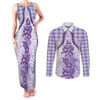 Aloha Hawaii Palaka Couples Matching Tank Maxi Dress and Long Sleeve Button Shirt Purple Plumeria Lei LT05 Purple - Polynesian Pride