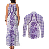 Aloha Hawaii Palaka Couples Matching Tank Maxi Dress and Long Sleeve Button Shirt Purple Plumeria Lei LT05 - Polynesian Pride