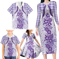 Aloha Hawaii Palaka Family Matching Long Sleeve Bodycon Dress and Hawaiian Shirt Purple Plumeria Lei LT05 - Polynesian Pride