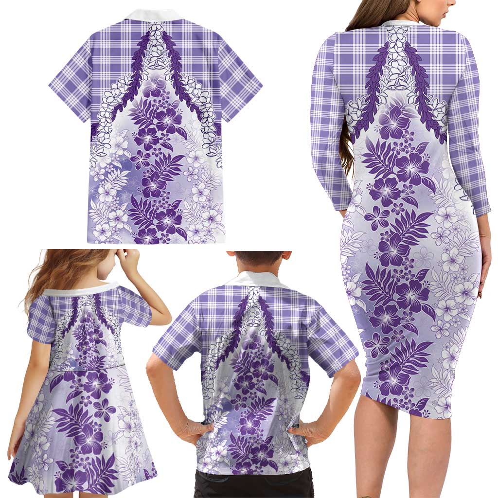 Aloha Hawaii Palaka Family Matching Long Sleeve Bodycon Dress and Hawaiian Shirt Purple Plumeria Lei LT05 - Polynesian Pride