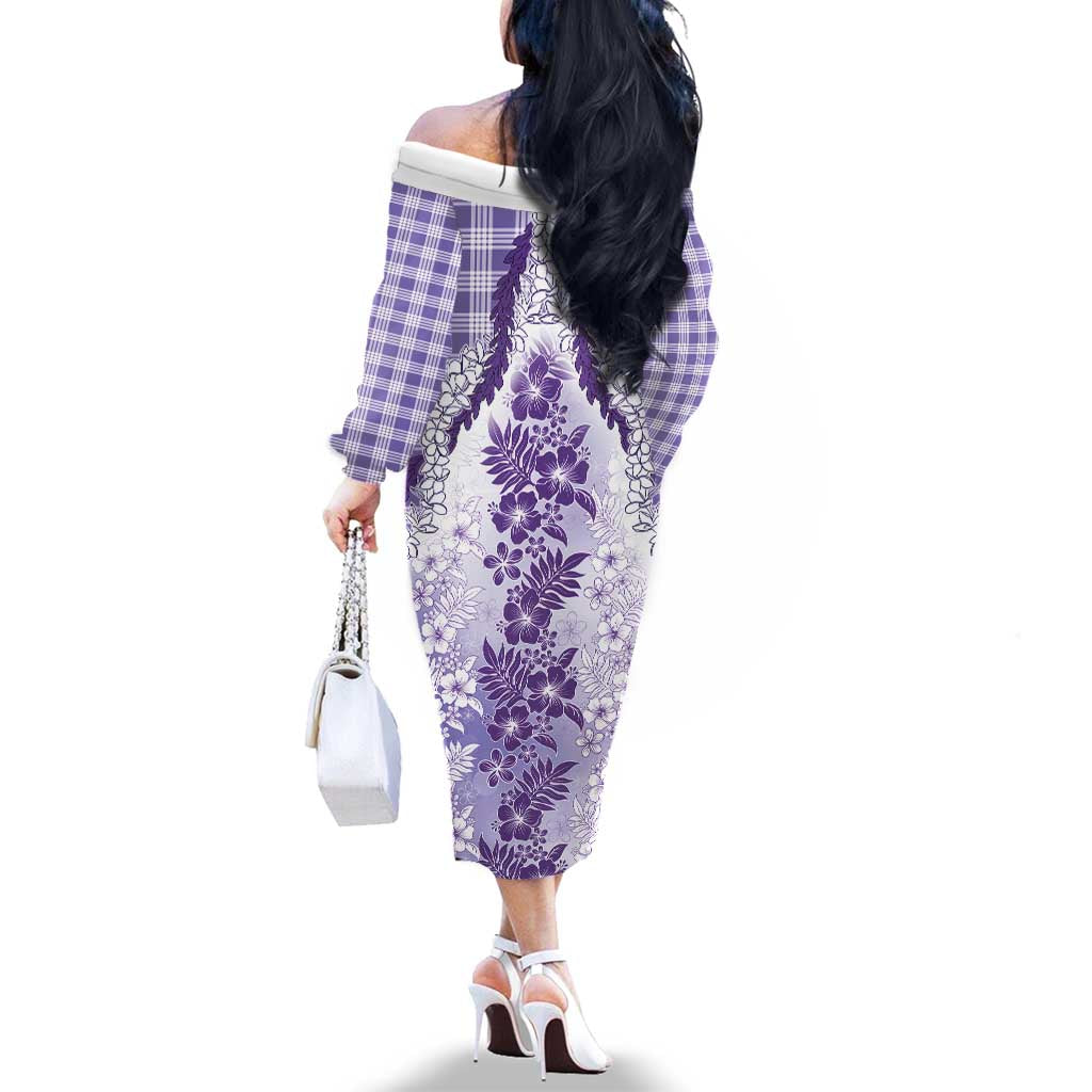 Aloha Hawaii Palaka Family Matching Off The Shoulder Long Sleeve Dress and Hawaiian Shirt Purple Plumeria Lei LT05 - Polynesian Pride