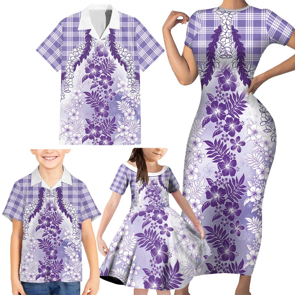 Aloha Hawaii Palaka Family Matching Short Sleeve Bodycon Dress and Hawaiian Shirt Purple Plumeria Lei LT05 - Polynesian Pride