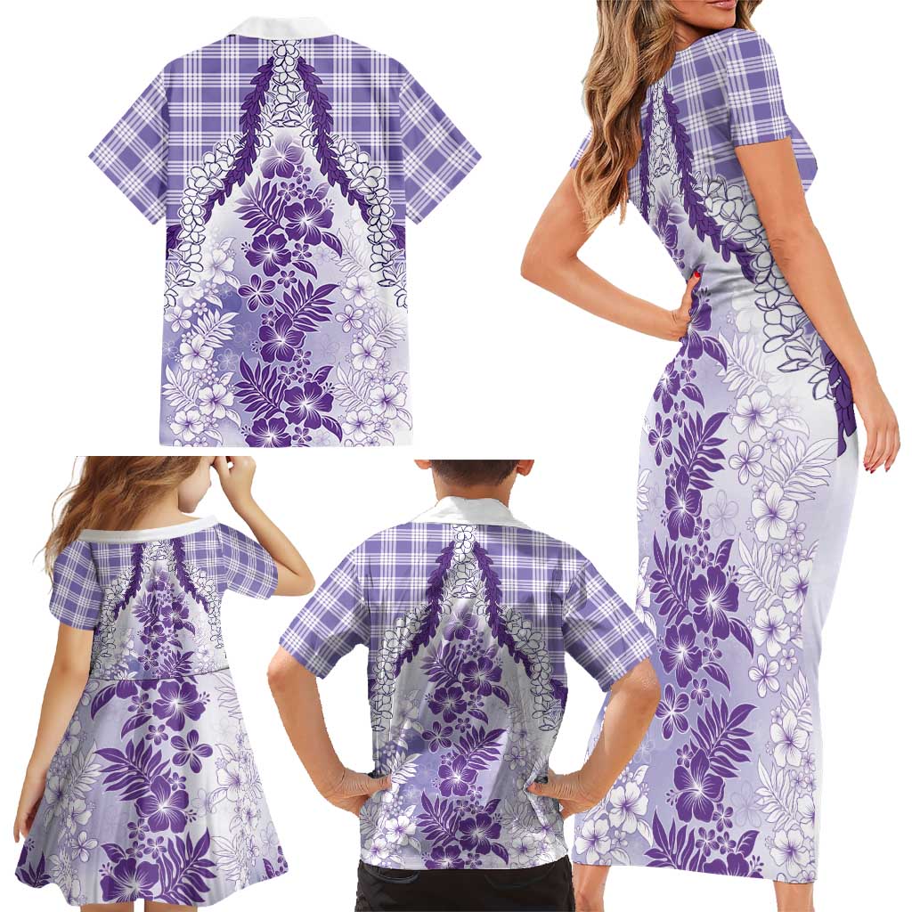 Aloha Hawaii Palaka Family Matching Short Sleeve Bodycon Dress and Hawaiian Shirt Purple Plumeria Lei LT05 - Polynesian Pride