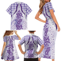 Aloha Hawaii Palaka Family Matching Short Sleeve Bodycon Dress and Hawaiian Shirt Purple Plumeria Lei LT05 - Polynesian Pride