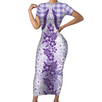 Aloha Hawaii Palaka Family Matching Short Sleeve Bodycon Dress and Hawaiian Shirt Purple Plumeria Lei LT05 Mom's Dress Purple - Polynesian Pride
