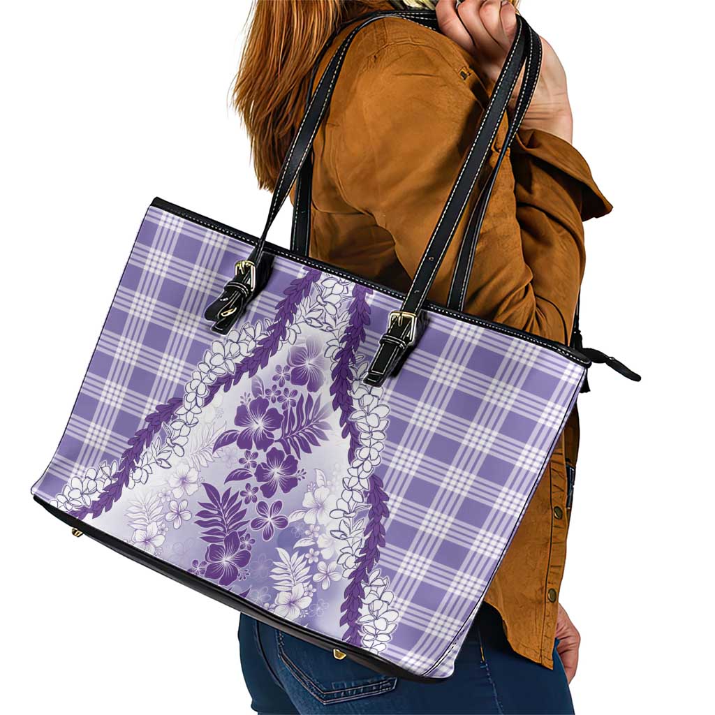 Aloha Hawaii Palaka Leather Tote Bag Purple Plumeria Lei - Polynesian Pride