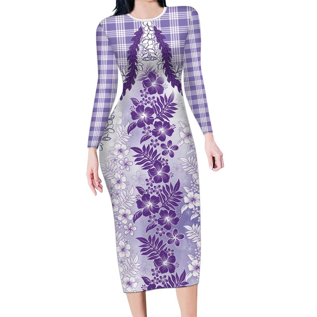 Aloha Hawaii Palaka Long Sleeve Bodycon Dress Purple Plumeria Lei - Polynesian Pride