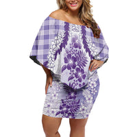 Aloha Hawaii Palaka Off Shoulder Short Dress Purple Plumeria Lei - Polynesian Pride