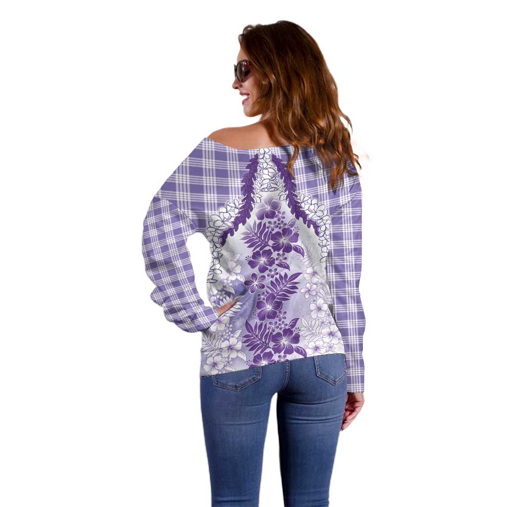 Aloha Hawaii Palaka Off Shoulder Sweater Purple Plumeria Lei - Polynesian Pride
