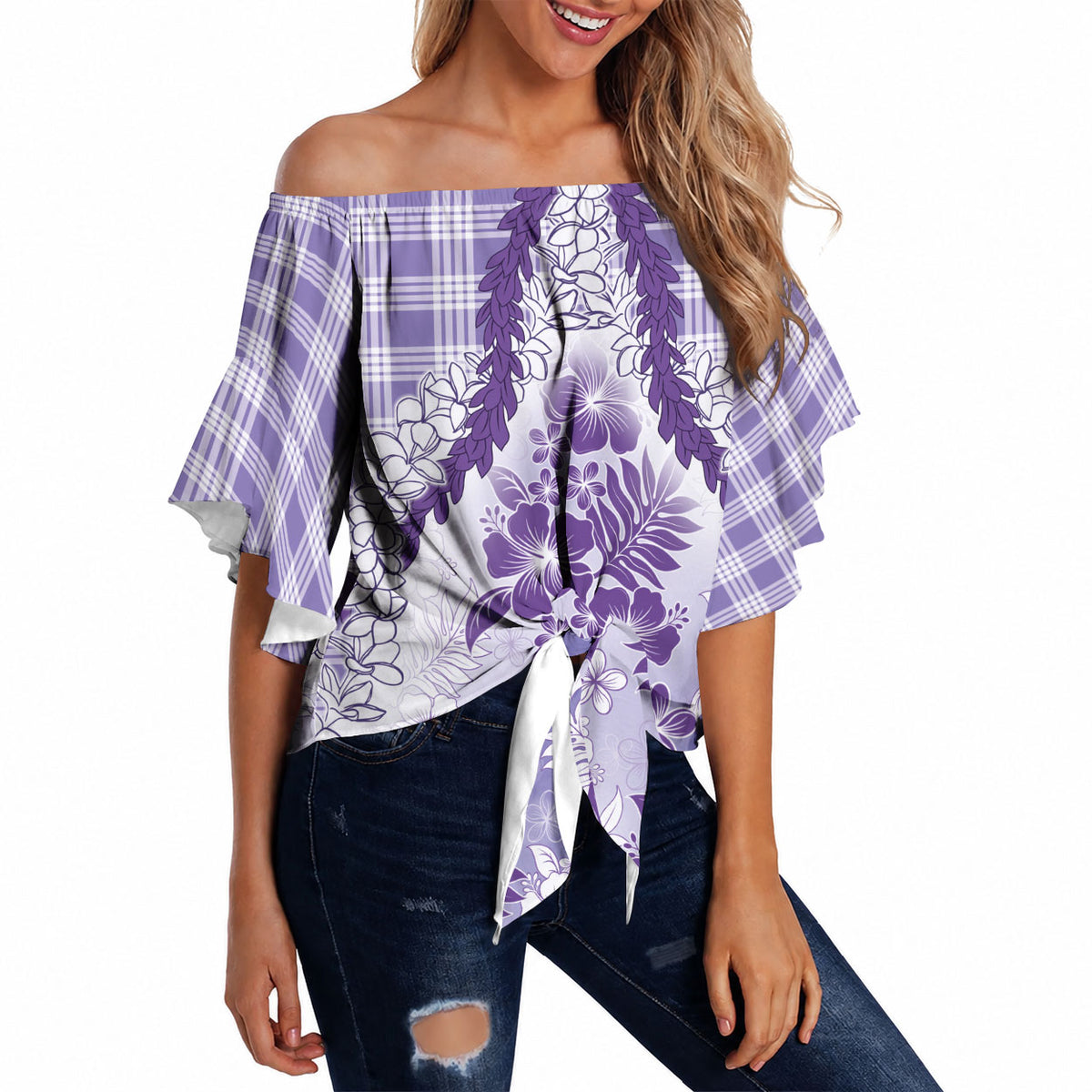 Aloha Hawaii Palaka Off Shoulder Wrap Waist Top Purple Plumeria Lei LT05 - Polynesian Pride