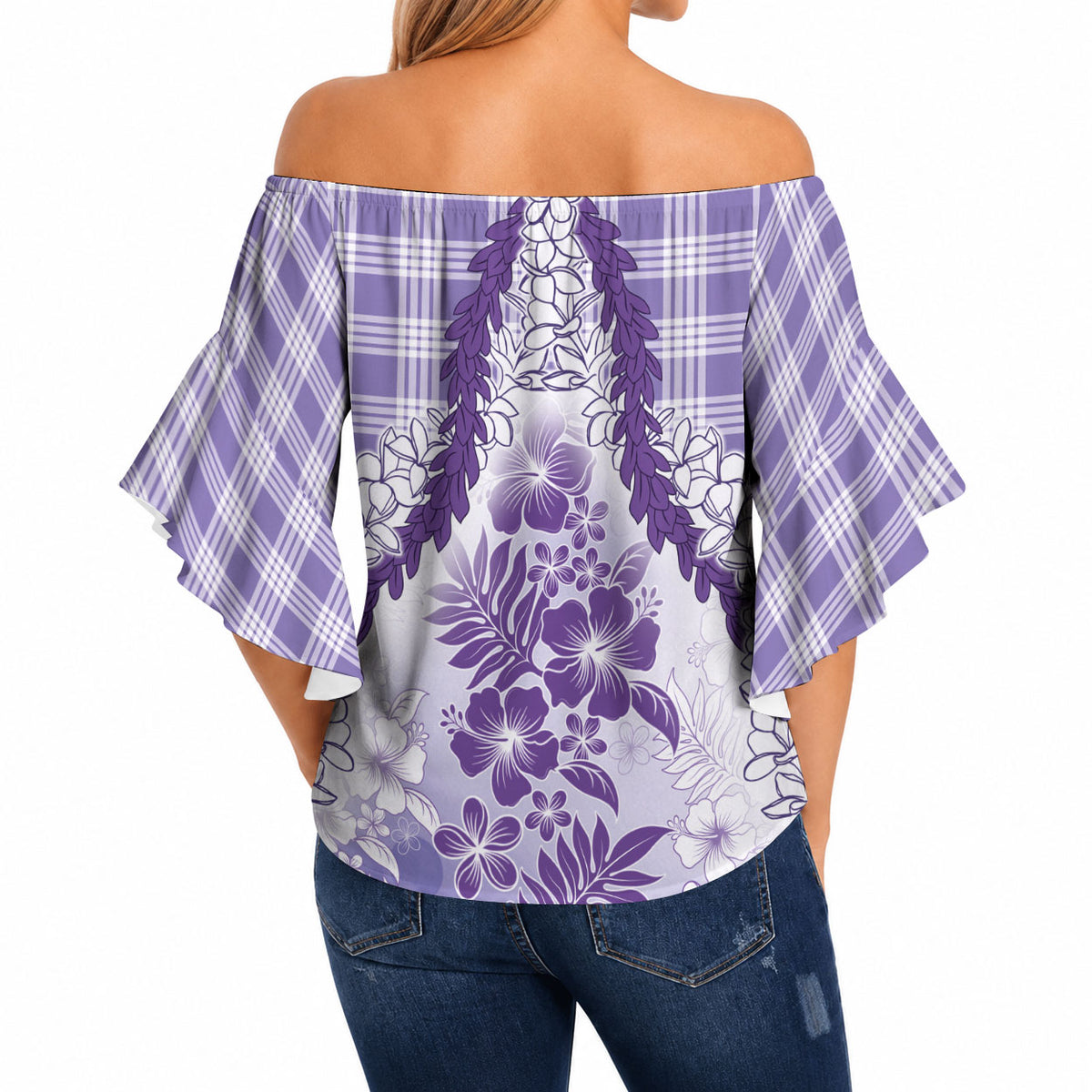 Aloha Hawaii Palaka Off Shoulder Wrap Waist Top Purple Plumeria Lei LT05 - Polynesian Pride