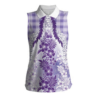 Aloha Hawaii Palaka Women Sleeveless Polo Shirt Purple Plumeria Lei LT05 Female Purple - Polynesian Pride