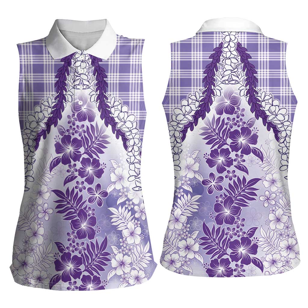 Aloha Hawaii Palaka Women Sleeveless Polo Shirt Purple Plumeria Lei LT05 - Polynesian Pride