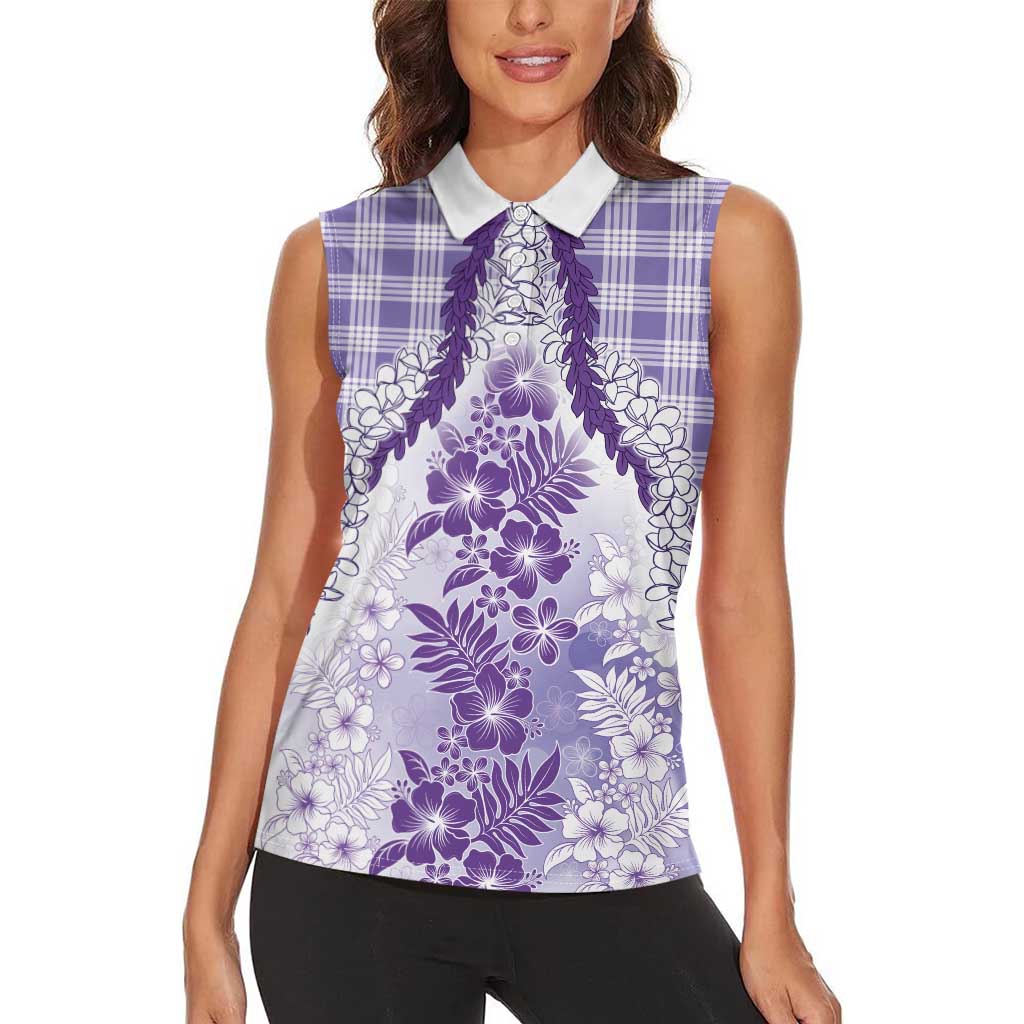 Aloha Hawaii Palaka Women Sleeveless Polo Shirt Purple Plumeria Lei LT05 - Polynesian Pride