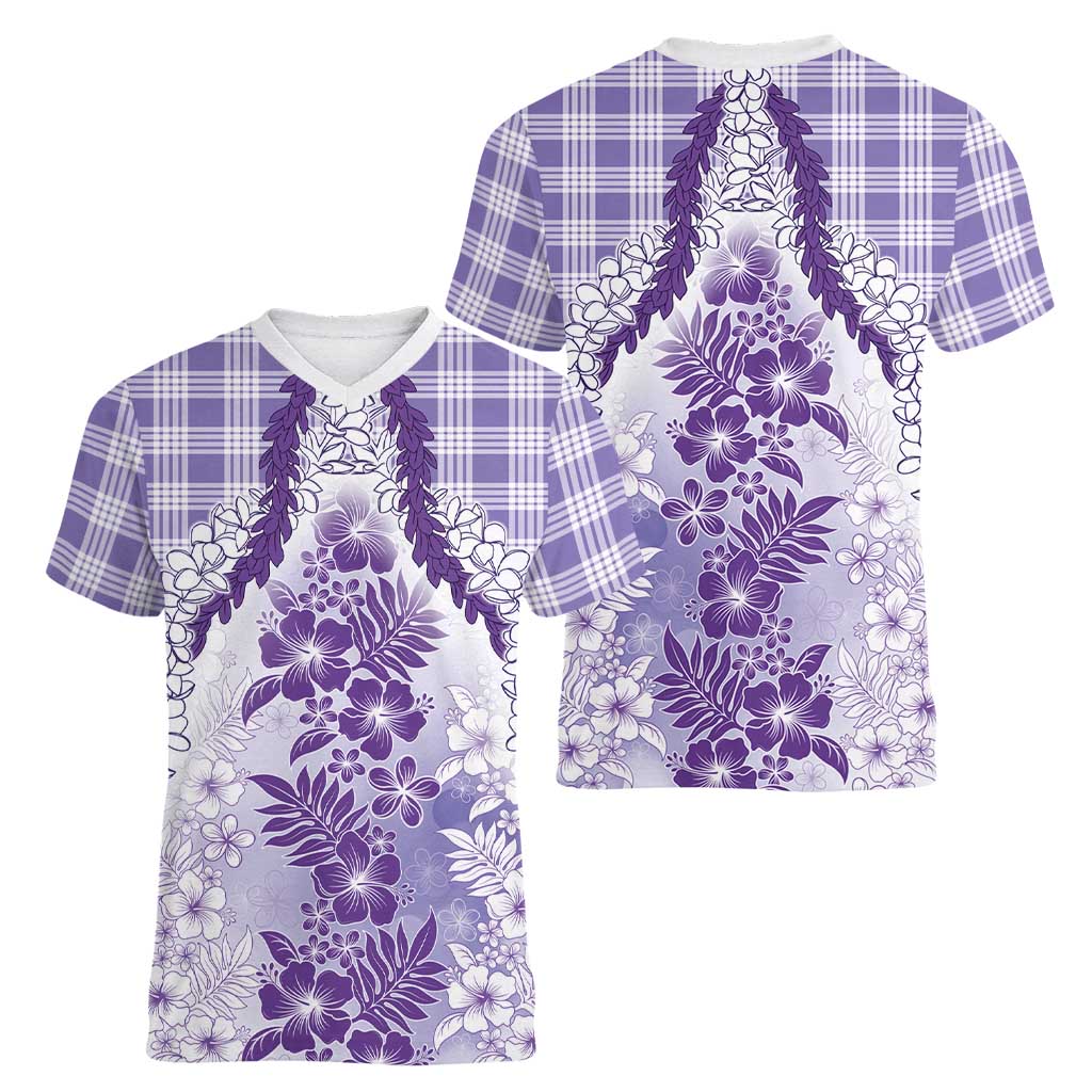 Aloha Hawaii Palaka Women V-Neck T-Shirt Purple Plumeria Lei LT05 - Polynesian Pride