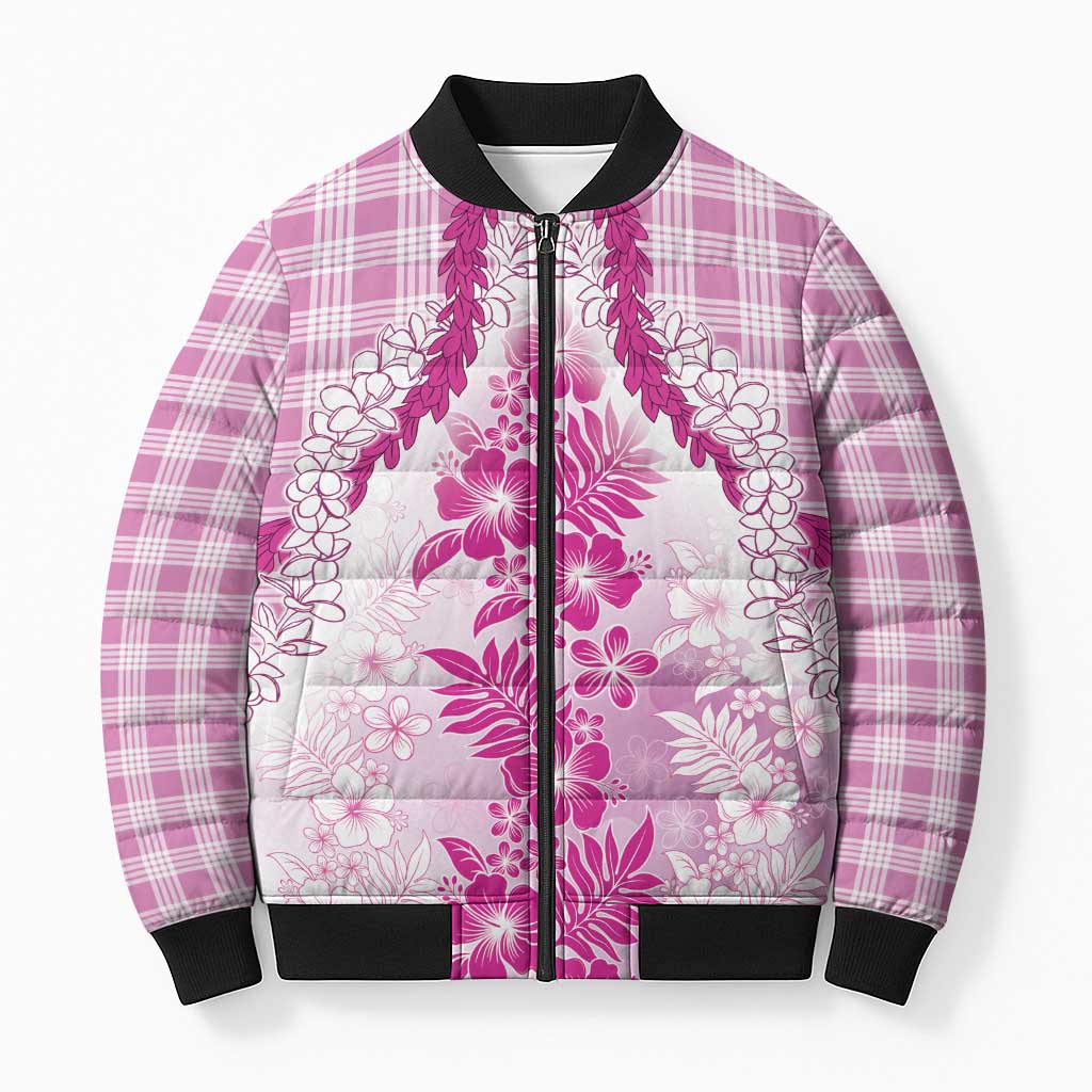 Aloha Hawaii Palaka Bomber Puffer Jacket Pink Plumeria Lei LT05 Unisex Pink - Polynesian Pride