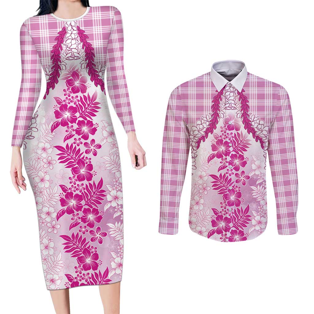 Aloha Hawaii Palaka Couples Matching Long Sleeve Bodycon Dress and Long Sleeve Button Shirt Pink Plumeria Lei LT05 Pink - Polynesian Pride