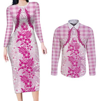 Aloha Hawaii Palaka Couples Matching Long Sleeve Bodycon Dress and Long Sleeve Button Shirt Pink Plumeria Lei LT05 Pink - Polynesian Pride