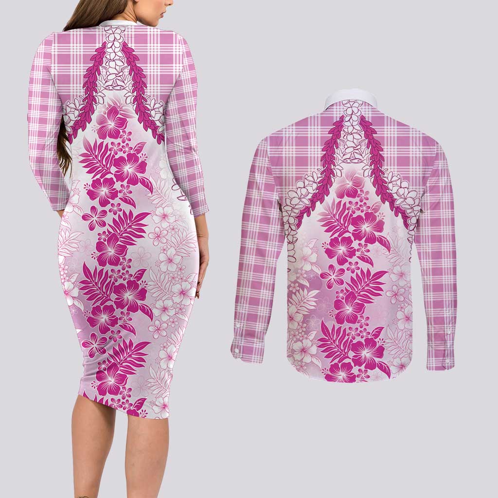 Aloha Hawaii Palaka Couples Matching Long Sleeve Bodycon Dress and Long Sleeve Button Shirt Pink Plumeria Lei LT05 - Polynesian Pride