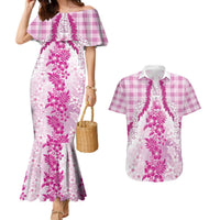 Aloha Hawaii Palaka Couples Matching Mermaid Dress and Hawaiian Shirt Pink Plumeria Lei LT05 Pink - Polynesian Pride
