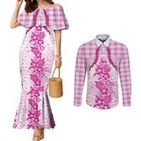 Aloha Hawaii Palaka Couples Matching Mermaid Dress and Long Sleeve Button Shirt Pink Plumeria Lei LT05 Pink - Polynesian Pride