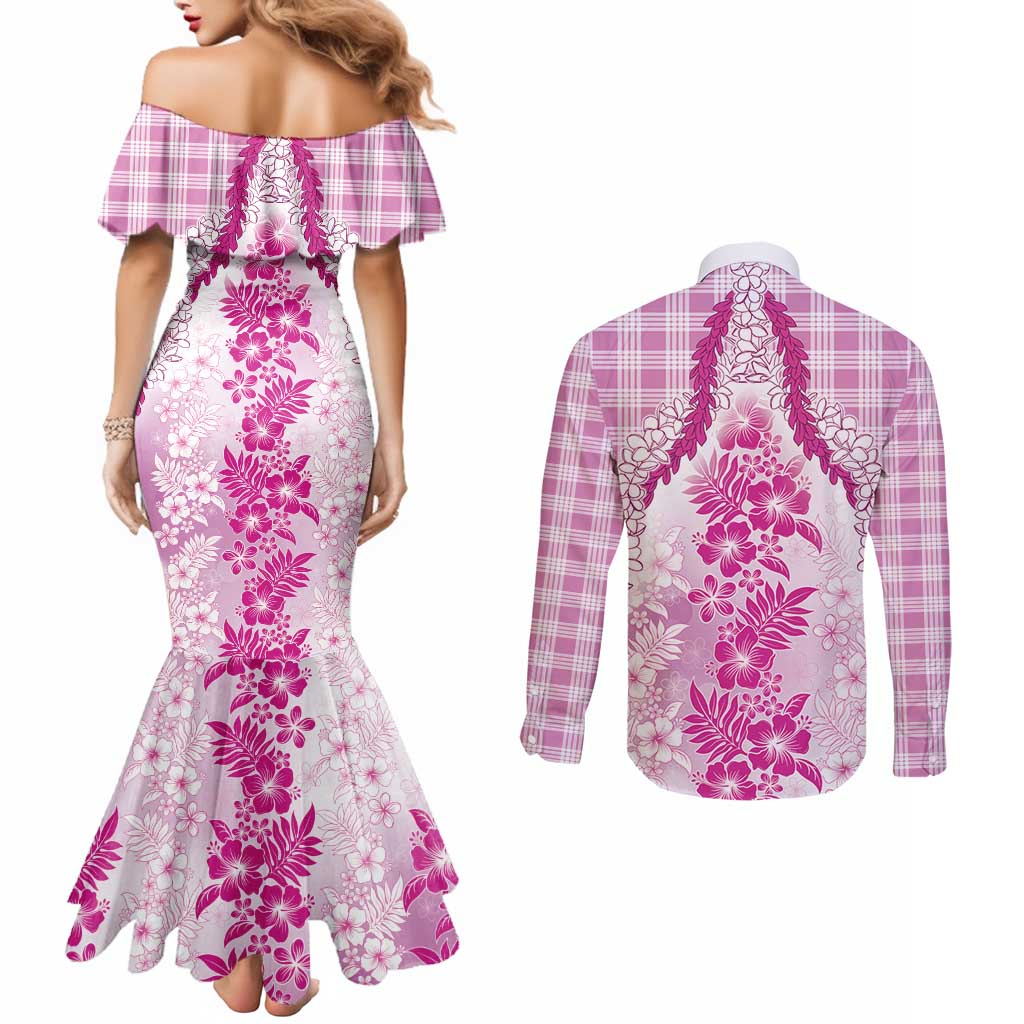 Aloha Hawaii Palaka Couples Matching Mermaid Dress and Long Sleeve Button Shirt Pink Plumeria Lei LT05 - Polynesian Pride