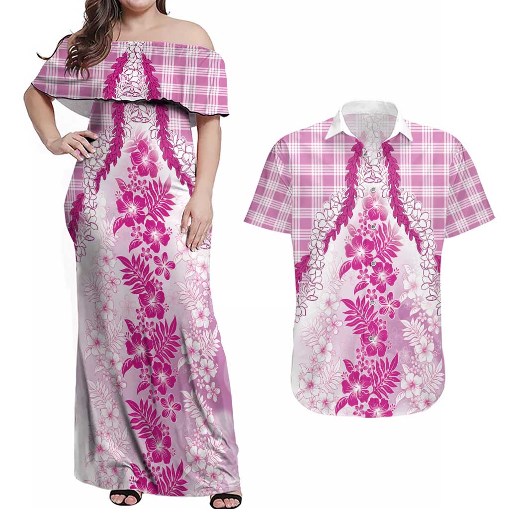 Aloha Hawaii Palaka Couples Matching Off Shoulder Maxi Dress and Hawaiian Shirt Pink Plumeria Lei LT05 Pink - Polynesian Pride