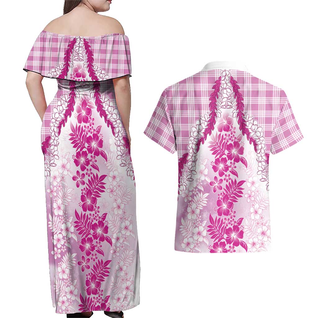 Aloha Hawaii Palaka Couples Matching Off Shoulder Maxi Dress and Hawaiian Shirt Pink Plumeria Lei LT05 - Polynesian Pride