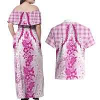 Aloha Hawaii Palaka Couples Matching Off Shoulder Maxi Dress and Hawaiian Shirt Pink Plumeria Lei LT05 - Polynesian Pride