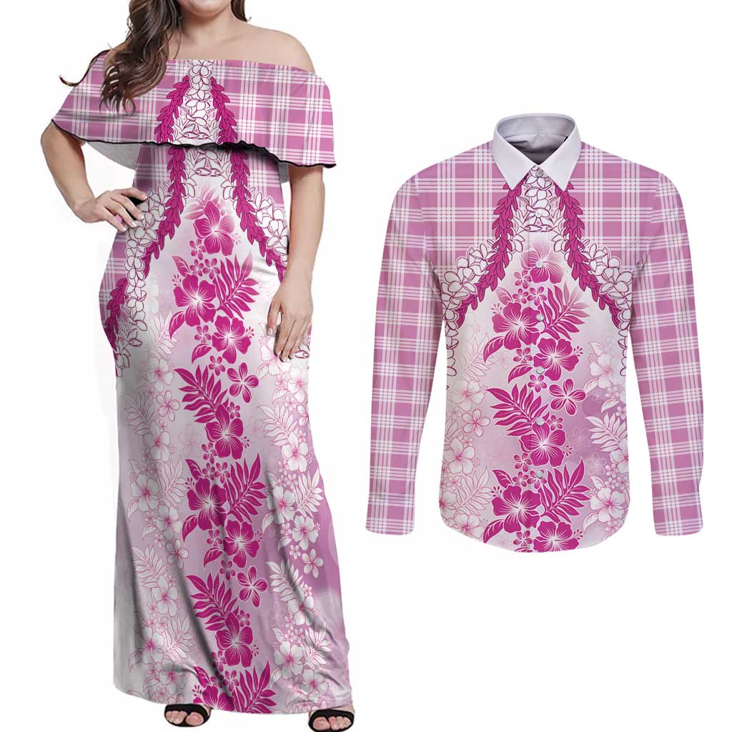 Aloha Hawaii Palaka Couples Matching Off Shoulder Maxi Dress and Long Sleeve Button Shirt Pink Plumeria Lei LT05 Pink - Polynesian Pride