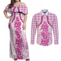 Aloha Hawaii Palaka Couples Matching Off Shoulder Maxi Dress and Long Sleeve Button Shirt Pink Plumeria Lei LT05 Pink - Polynesian Pride
