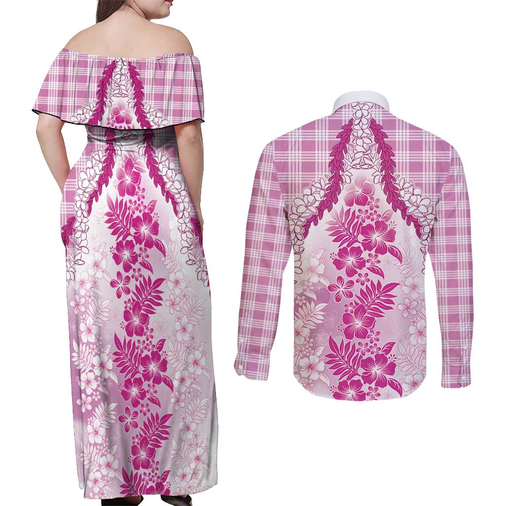 Aloha Hawaii Palaka Couples Matching Off Shoulder Maxi Dress and Long Sleeve Button Shirt Pink Plumeria Lei LT05 - Polynesian Pride