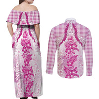 Aloha Hawaii Palaka Couples Matching Off Shoulder Maxi Dress and Long Sleeve Button Shirt Pink Plumeria Lei LT05 - Polynesian Pride