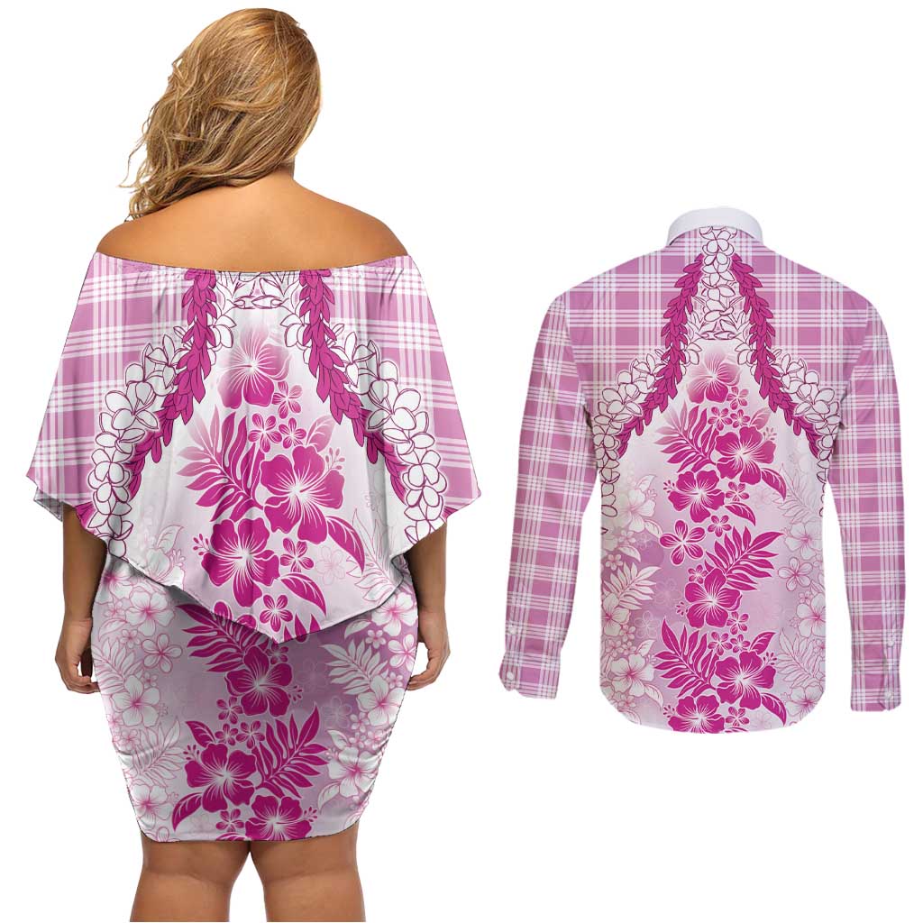 Aloha Hawaii Palaka Couples Matching Off Shoulder Short Dress and Long Sleeve Button Shirt Pink Plumeria Lei LT05 - Polynesian Pride