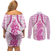 Aloha Hawaii Palaka Couples Matching Off Shoulder Short Dress and Long Sleeve Button Shirt Pink Plumeria Lei LT05 - Polynesian Pride