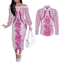 Aloha Hawaii Palaka Couples Matching Off The Shoulder Long Sleeve Dress and Long Sleeve Button Shirt Pink Plumeria Lei LT05 Pink - Polynesian Pride