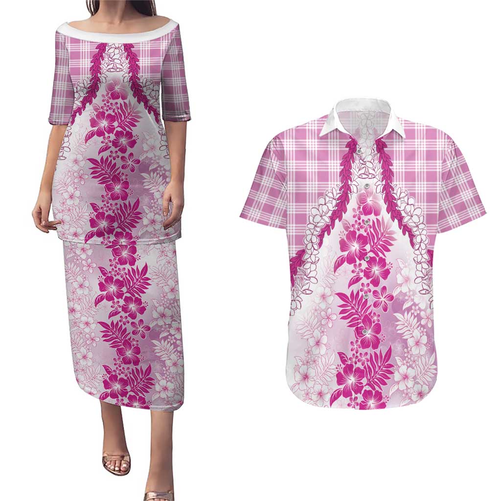 Aloha Hawaii Palaka Couples Matching Puletasi and Hawaiian Shirt Pink Plumeria Lei LT05 Pink - Polynesian Pride