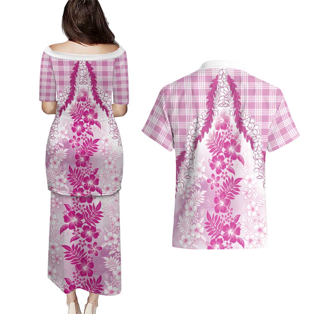Aloha Hawaii Palaka Couples Matching Puletasi and Hawaiian Shirt Pink Plumeria Lei LT05 - Polynesian Pride
