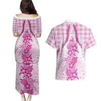 Aloha Hawaii Palaka Couples Matching Puletasi and Hawaiian Shirt Pink Plumeria Lei LT05 - Polynesian Pride