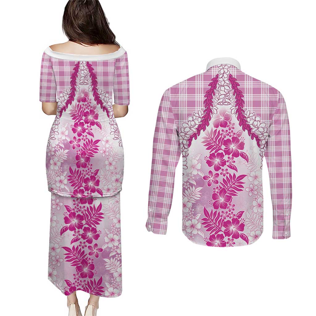 Aloha Hawaii Palaka Couples Matching Puletasi and Long Sleeve Button Shirt Pink Plumeria Lei - Polynesian Pride