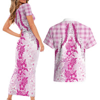 Aloha Hawaii Palaka Couples Matching Short Sleeve Bodycon Dress and Hawaiian Shirt Pink Plumeria Lei LT05 - Polynesian Pride