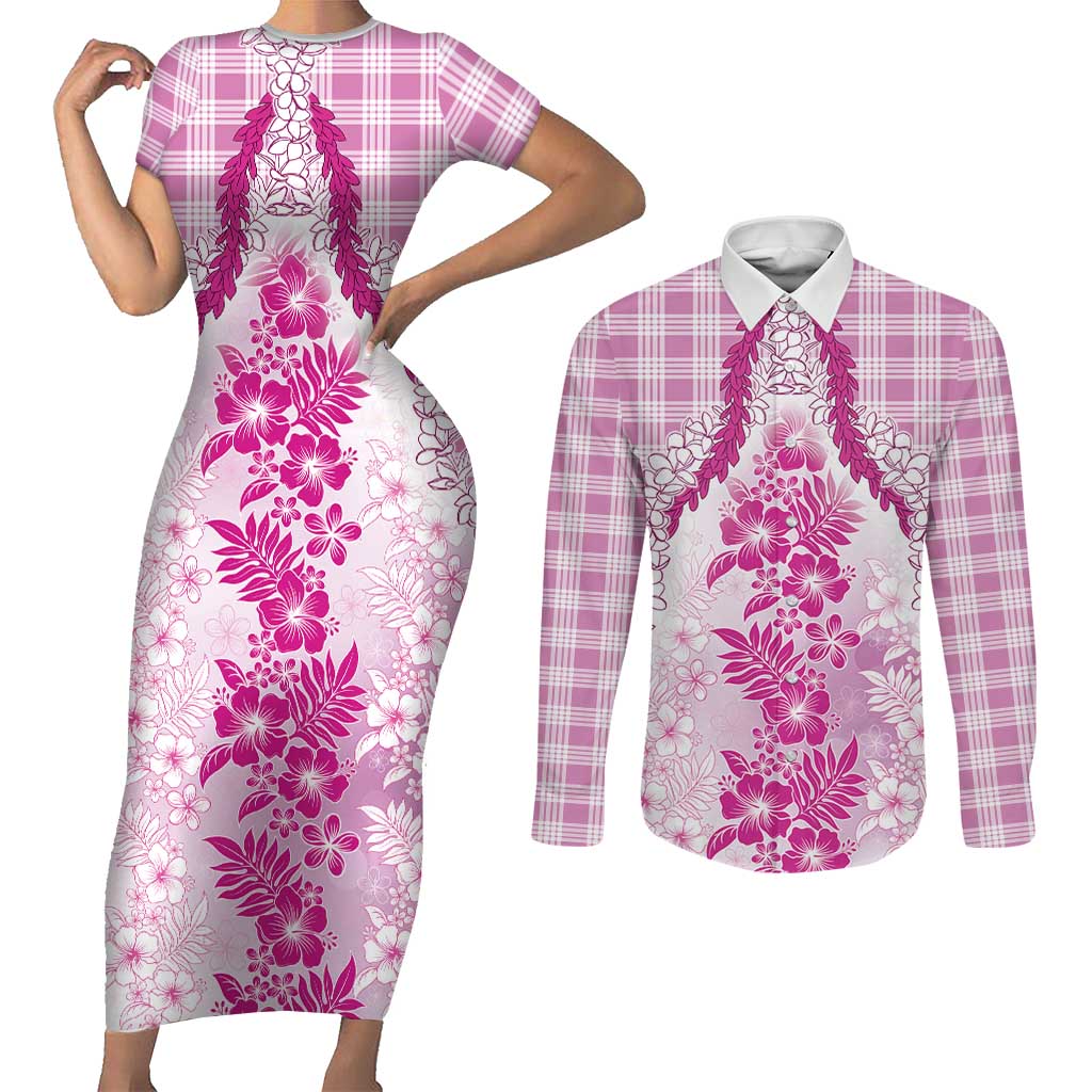 Aloha Hawaii Palaka Couples Matching Short Sleeve Bodycon Dress and Long Sleeve Button Shirt Pink Plumeria Lei LT05 Pink - Polynesian Pride