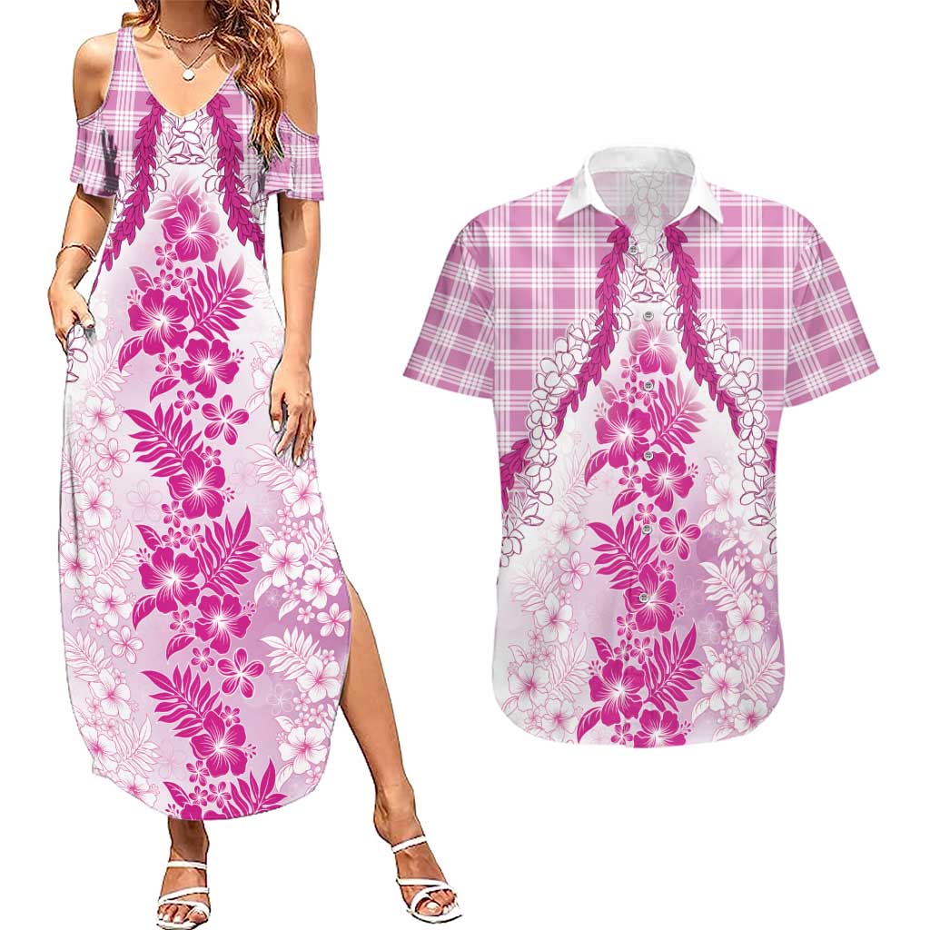 Aloha Hawaii Palaka Couples Matching Summer Maxi Dress and Hawaiian Shirt Pink Plumeria Lei LT05 Pink - Polynesian Pride