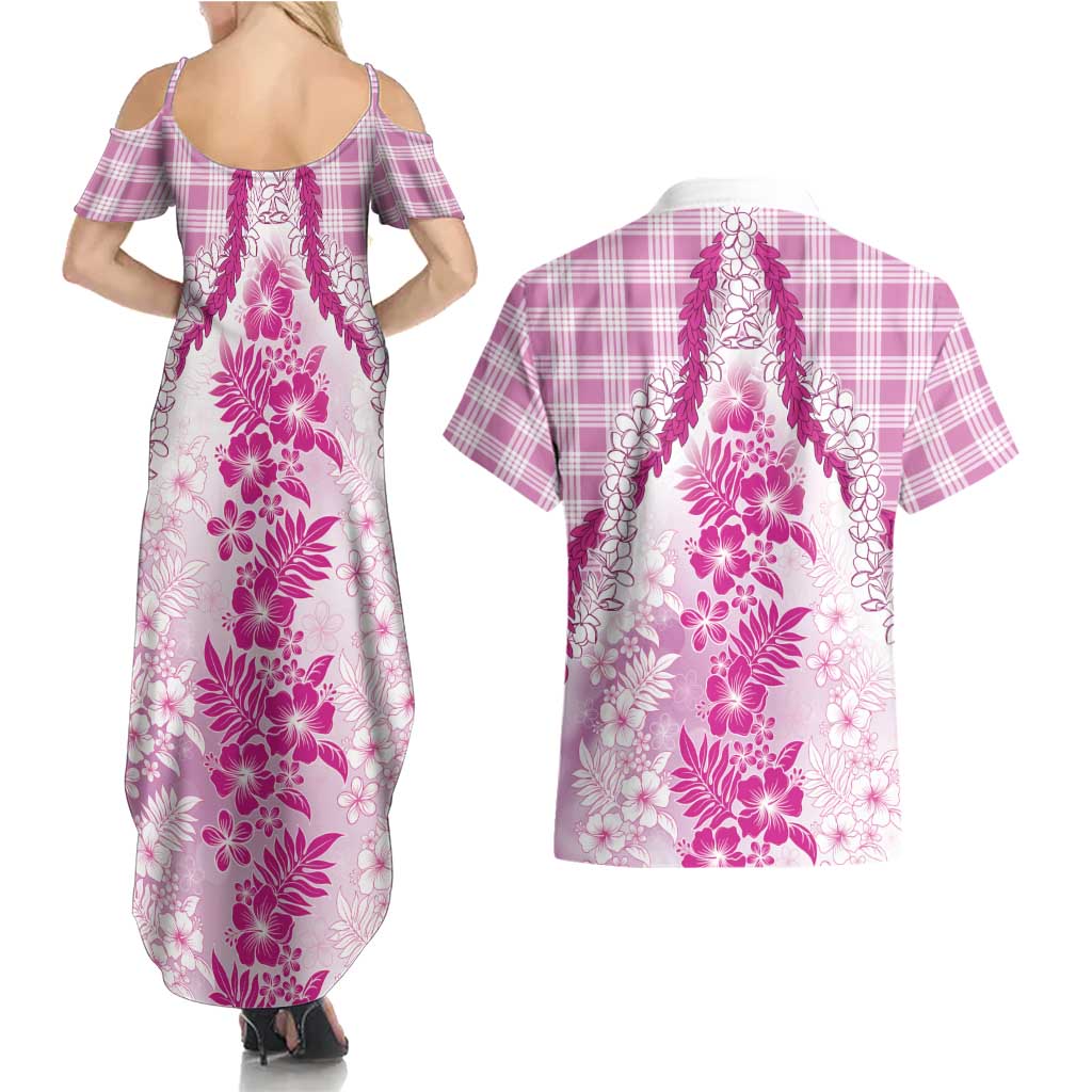 Aloha Hawaii Palaka Couples Matching Summer Maxi Dress and Hawaiian Shirt Pink Plumeria Lei LT05 - Polynesian Pride