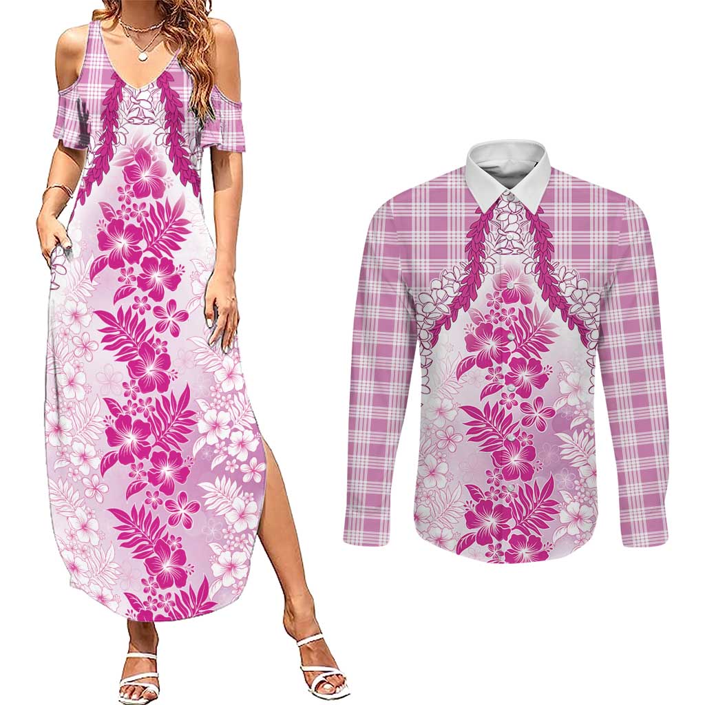 Aloha Hawaii Palaka Couples Matching Summer Maxi Dress and Long Sleeve Button Shirt Pink Plumeria Lei LT05 Pink - Polynesian Pride