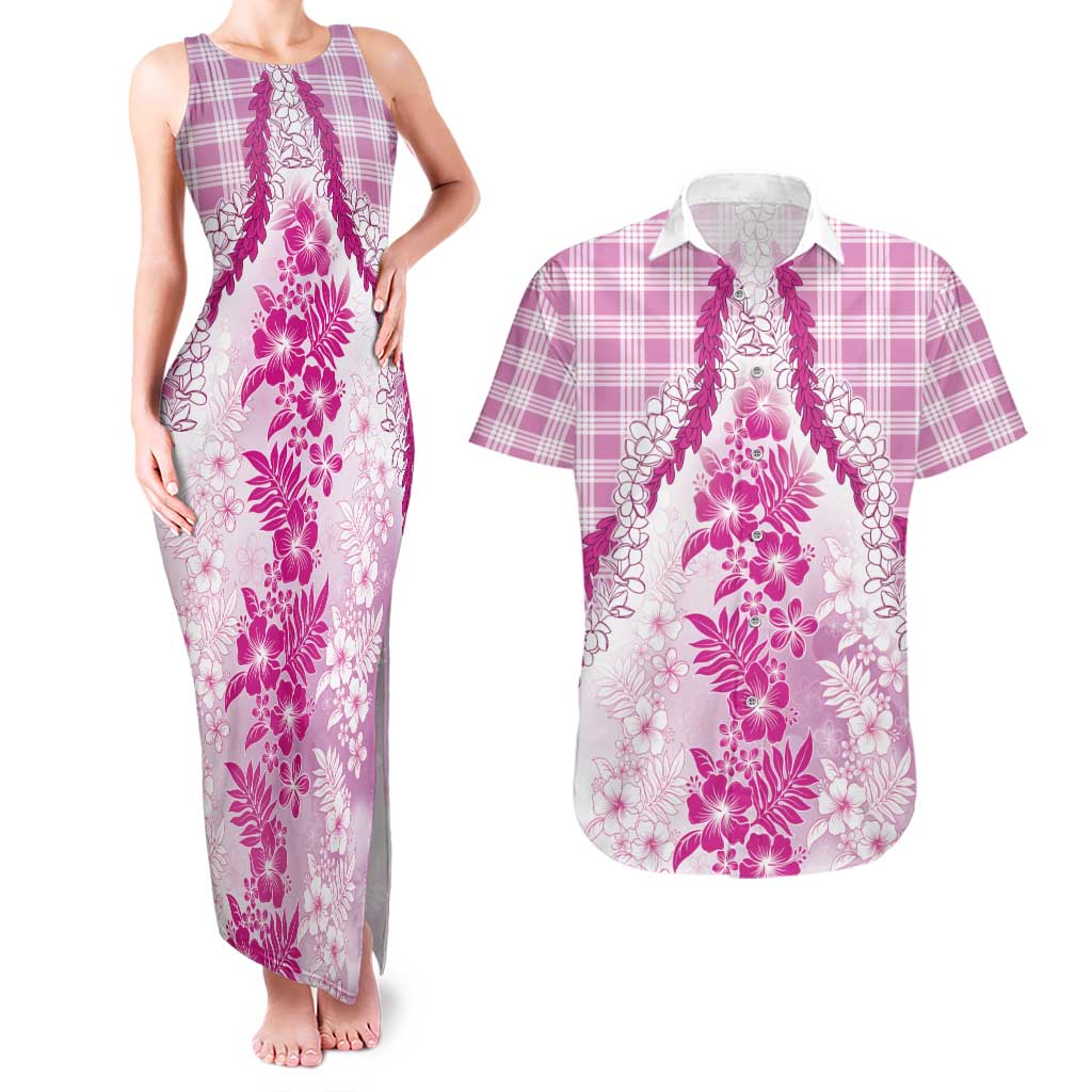 Aloha Hawaii Palaka Couples Matching Tank Maxi Dress and Hawaiian Shirt Pink Plumeria Lei LT05 Pink - Polynesian Pride
